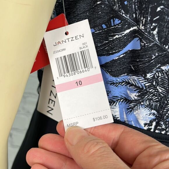 Jantzen One Piece Swimsuit Black Blue Palms Size 10 - Picture 11 of 12